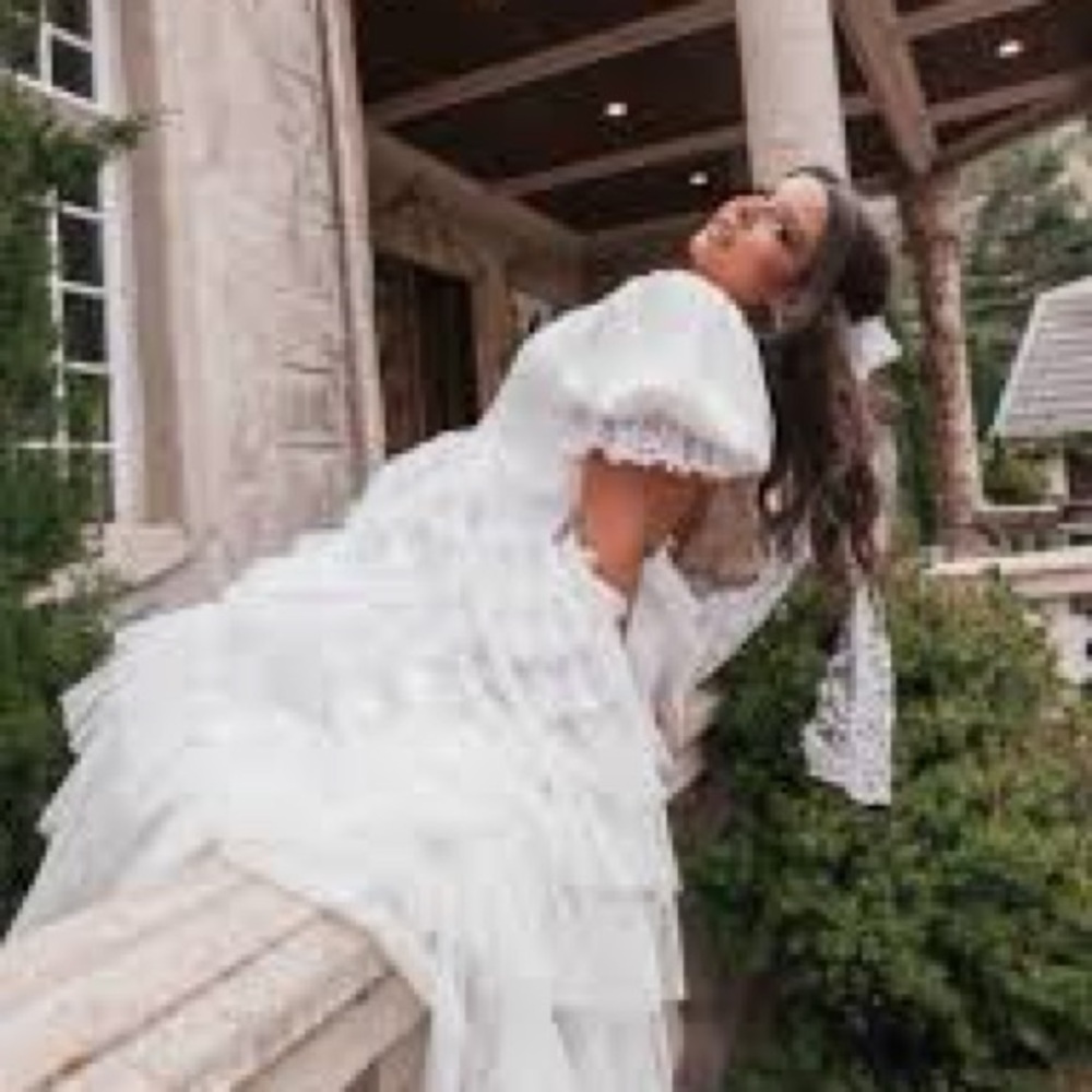 JessaKae White Tiered Lace Puff Sleeve Wedding Dress - Picture 4 of 13